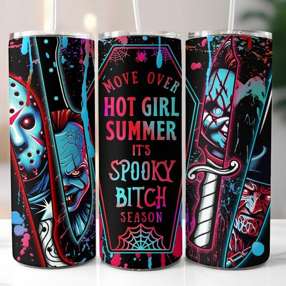 Spooky B*tch Season Horror Movie Characters Coffin Knife 20oz Skinny Tumbler - Picture 1 of 4